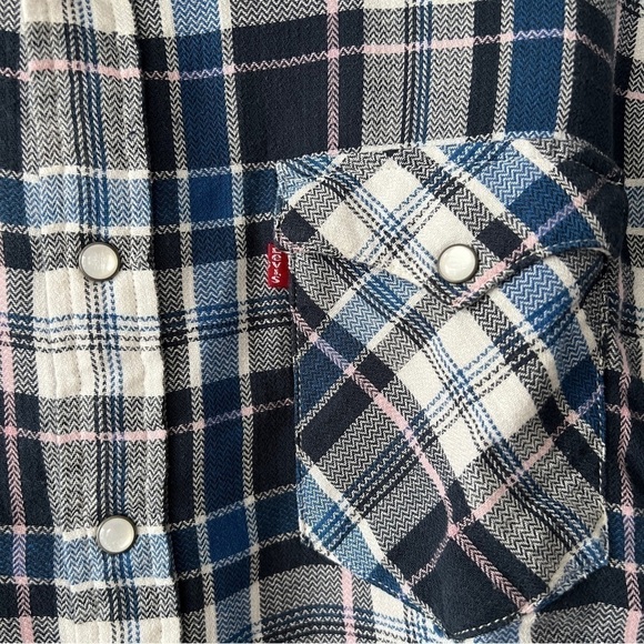 Levi’s Pearl Snap Plaid Flannel Button Down Western Shirt Shacket - Picture 2 of 12